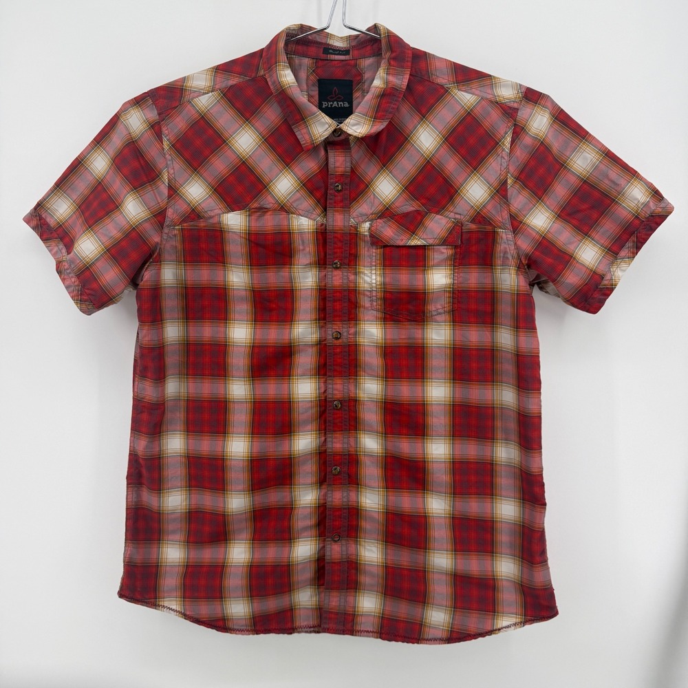 prAna Button Up Shirt Mens XL Red Plaid Recycled Polyester Slim Fit Western Snap